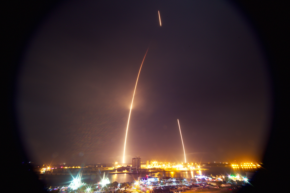 The Falcon 9 booster's trajectory is clearly visible in this long exposure view recorded from Exploration Tower in Port Canaveral, Florida. Credit: Katie Darby